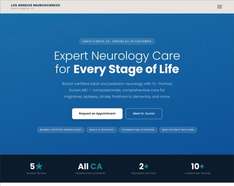 The Los Angeles Neurosciences homepage, headed Expert Neurology Care for Every Stage of Life