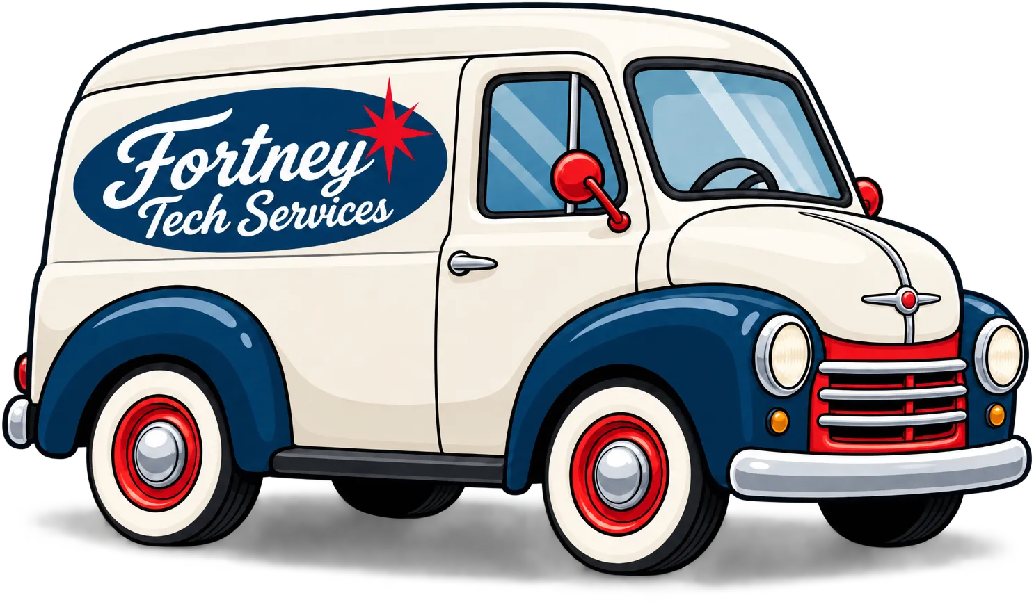 Cartoon 1950s delivery van, cream with navy fenders and whitewall tires, with a Fortney Tech Services logo on the side